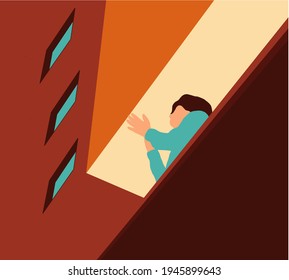 Woman breathing fresh air from balcony during the Coronavirus pandemic. Stay home concept of social isolation.