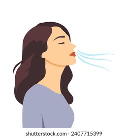 Woman breathing fresh air in flat design vector illustration. Female sense of smell inhale or exhale with line decoration.