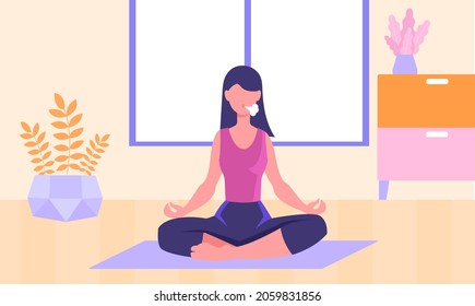 Woman breathing at home. Sports, healthy lifestyle, meditation, yoga. Inner calm, balance. Girl works on herself. Recovery respiratory system. Cartoon vector illustration isolated on white background