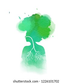 Woman breathing in a natural and healthy environment silhouette on watercolor background. Her lungs and her  head are branches of a tree with flying birds, Healthy life concept.