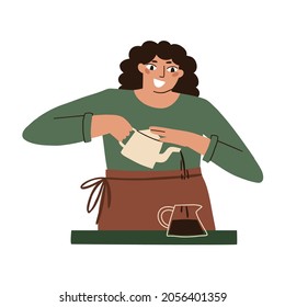 woman brews tea with her own hands. making tea in a cafe. vector flat illustration isolated on white background.