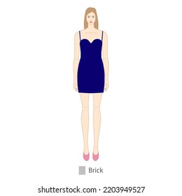 Woman Brick Body Shape Character In Dress. Female Vector Illustration Silhouette 9 Nine Head Size Lady Figure Front View. Vector Isolated Outline Sketch Girl For Fashion Sketching And Illustration.