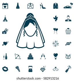 Woman In Bridal Veil Icon, Wedding Set On White Background. Vector Illustration