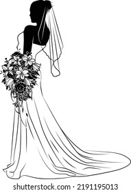 A woman bride in bridal wedding dress in silhouette