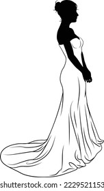 A woman bride in a bridal wedding dress in a silhouette