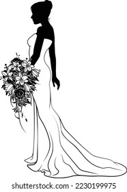 A woman bride in a bridal wedding dress in a silhouette