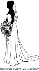 A woman bride in a bridal wedding dress in a silhouette