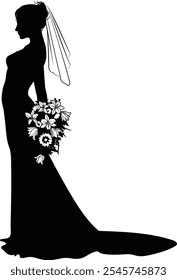 A woman bride in a bridal wedding dress in a silhouette