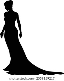 A woman bride in a bridal wedding dress in a silhouette