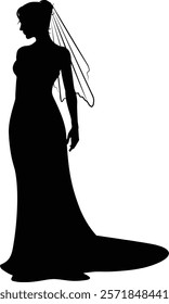 A woman bride in a bridal wedding dress in a silhouette