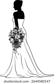 A woman bride in a bridal wedding dress in a silhouette