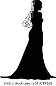A woman bride in a bridal wedding dress in a silhouette