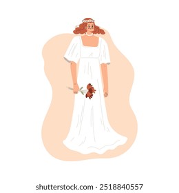 Woman Bride Character in White Wedding Dress Standing with Flower Bouquet Vector Illustration