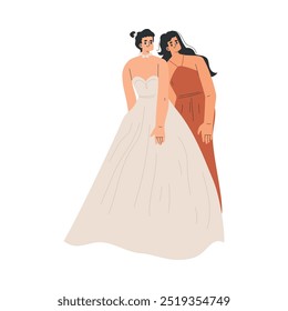 Woman Bride Character in White Wedding Dress with Bridesmaid Standing Vector Illustration