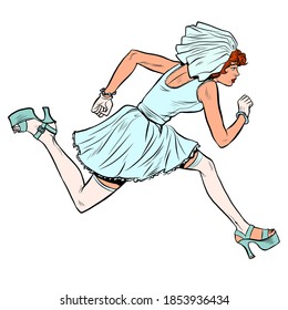 Woman bride runs. Pop art retro illustration kitsch vintage 50s 60s style