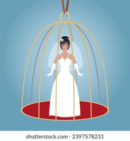 Woman, bride in wedding dress in birdcage. Square composition. Vector illustration.