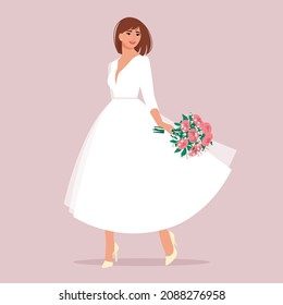 Woman bride in white dress with bouquet. Vector illustration in flat style