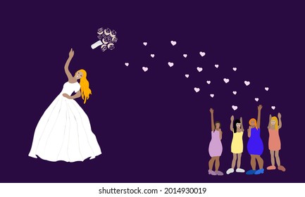 woman bride in white dress character throwing bouquet flowers flowers into the hands of the wedding guests in wedding.Vector flat cartoon illustration.bride throwing wedding bouquet to bridesmaid