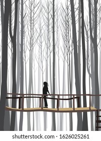 woman, bridge and pine trees