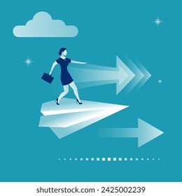 Woman with briefcase standing on paper plane to achieve business goal, concept. Aim in business. Vector illustration flat design. Smart solution to achieve mission. Direction victory. Aiming to target