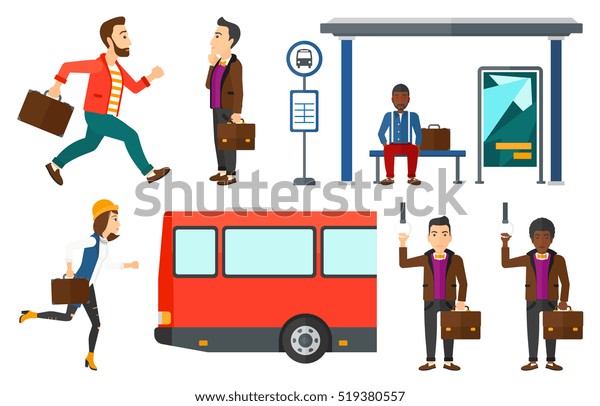 バス停でバスを待つブリーフケースを持つ女性 バス停に座っている若い女性 バス停の時刻表を見てる男 白い背景にベクターフラットデザインイラスト のセット のベクター画像素材 ロイヤリティフリー