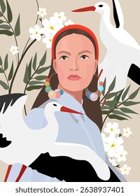 Woman with bright earrings and storks on a floral background