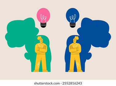 Woman with bright light bulb and dark light bulb. Concept of creativity. Colorful vector illustration
