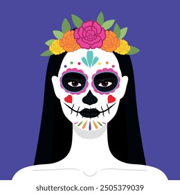 Woman with a bright makeup of sugar skull and floral wreath. Day of the Dead celebration. Dia de los Muertos. Vector illustration