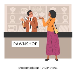 Woman bring gold watch to pawnshop and discuss value with appraiser. Pawnbroker look with magnifying glass at customer's item. Flat hand drawn vector illustration with shop interior background.
