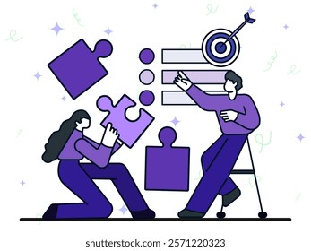 Woman bring puzzle to talk with man about business strategy. Man show goal points as targets. Business planning concept. Cartoon flat vector illustration.