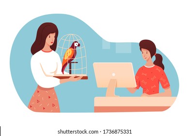 Woman bring sick parrot sitting in cage to vet clinic. Receptionist administrator at computer checking free time to doctor veterinarian appointment. Pet owner with bird visit specialist. Vector