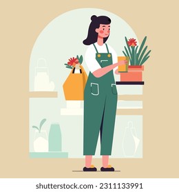 Woman bringing a cup of water to her flowers near window. Plant care or Flower shop concept.