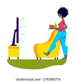 Woman bringing food to living room for eating dinner in front of tv. Eating meal while watching television. Cartoon female with snacks for film watching. Flat vector illustration