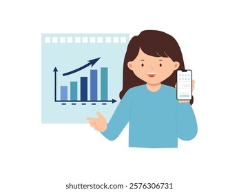 A woman brings a Phone and presenting data