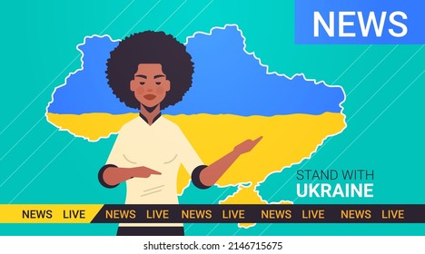 woman broadcasting daily breaking news on tv in television studio pray for Ukraine peace save Ukraine from russia stop war