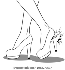 Woman broke heel on red shoe coloring vector illustration. Comic book style imitation.