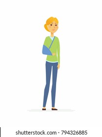 Woman with a broken arm - cartoon people characters isolated illustration on white background. A sad person with a sling standing. High quality image for your presentation. Medical, healthcare theme