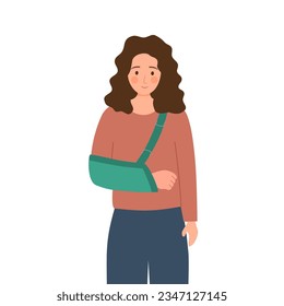 Woman with broken arm in flat design on white background. Arm sling concept.