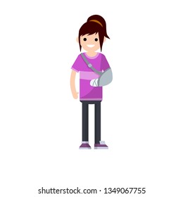 Woman with broken arm in the hospital. Providing medical care. Trauma patient girl. Hand in bandage. Cartoon flat illustration