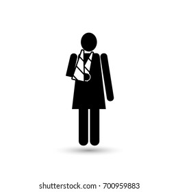 Woman with broken arm icon isolated on white background. Female silhouette wearing arm bandage. EPS10 vector illustration for banner, design element, infographic, web, template, poster, application.