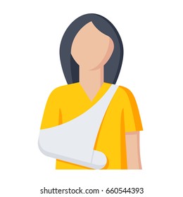 Woman with broken arm for orthopedics concept, vector illustration in flat style