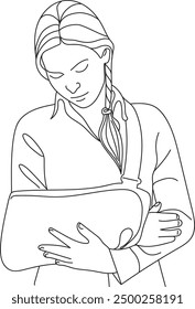 Woman with broken arm in sling, broken hand medical concept. Hand drawn in thin line style