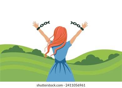 Woman with broken chains on her hands. Symbol of freedom and fight against broken shackles as protest and revolution for vector equality