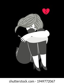 Woman with broken heart. Cartoon young lady with feeling of sadness, concept of anxiety and melancholic, vector illustration of character with confusion in soul on black background