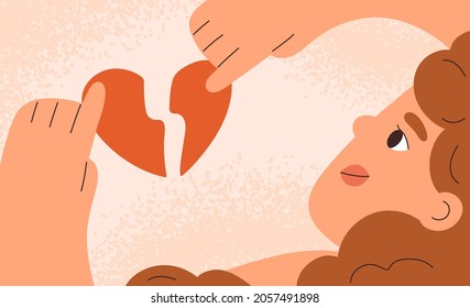 Woman with broken heart. Divorce, heartbreak and love relationships break up concept. Symbol of breakup and separation with valentine, split torn parts. Flat vector illustration of heartbroken person.