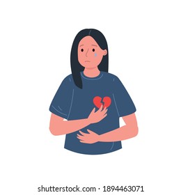 Woman with a broken heart. Love and relationships concept. Flat vector illustration