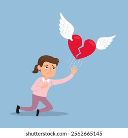 A woman with a broken heart watching her heart flying away ,Cartoon character heartbroken woman. Flat, Vector, Illustration, Cartoon, EPS10.   