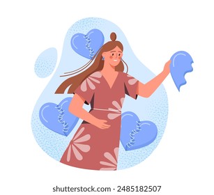 Woman with broken heart. Young girl with blue half heart. Negative feelings and emotions. Frustration and depression, loneliness. Flat vector illustration isolated on white background