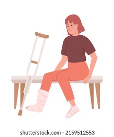 Woman With Broken Leg And Crutch Semi Flat Color Vector Character. Sitting Figure. Full Body Person On White. Injury Recovery Simple Cartoon Style Illustration For Web Graphic Design And Animation