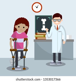 Woman with broken leg and crutches. Medical care. Trauma patient. Foot in bandage. Crack in bone. X-ray of internal organ. Cartoon flat illustration. Element of hospital. Doctor appointment at clinic